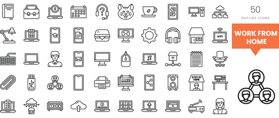 A collection of outline icons representing work-from-home themes and tools.