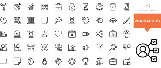 Collection of work-related outline icons illustrating productivity and organization.