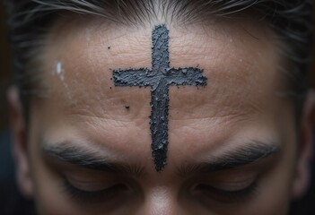 A man with a black ash cross on his forehead symbolizing the observance of Lent.