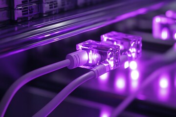 Close-up of fiber optic cables connected to server.