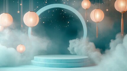 Dreamy teal platform with glowing lanterns and clouds.