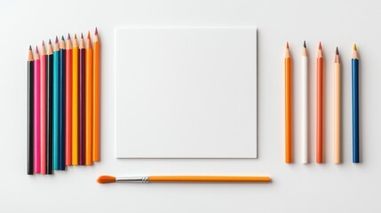 Colorful Art Supplies Layout Featuring Bright Pencils, a Brush, and a Blank Canvas Ready for Creative Expression and Artistic Inspiration on a Light Background