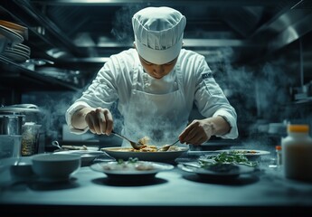 Chef meticulously prepares a steaming dish in a professional kitchen.