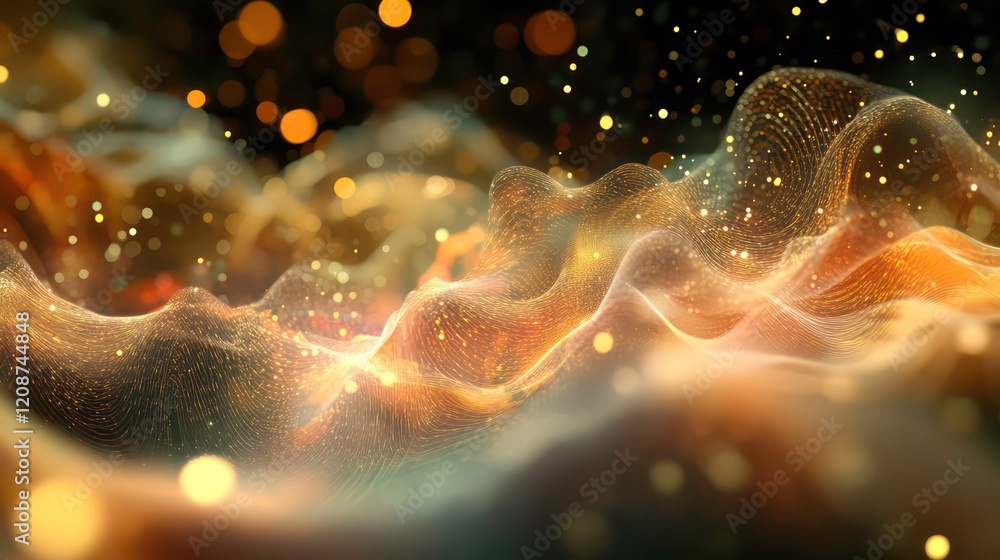 Poster a digital landscape of flowing waves and particles, representing data visualization or abstract tech