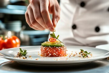 Chef carefully garnishing gourmet tuna tartare with herbs and chili.