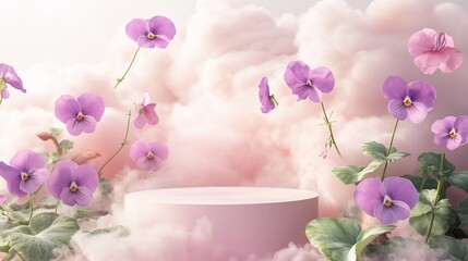 Pink pastel podium with floating pansies in dreamy clouds.