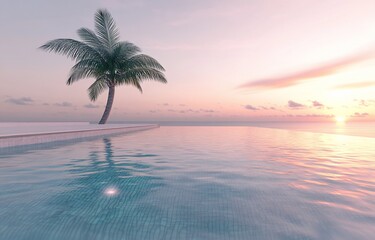 Fototapeta premium Serene sunset view of a palm tree beside a tranquil infinity pool.