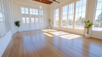 Obraz premium Sunlit studio space, hardwood floor, windows, plants. Ideal for yoga, events
