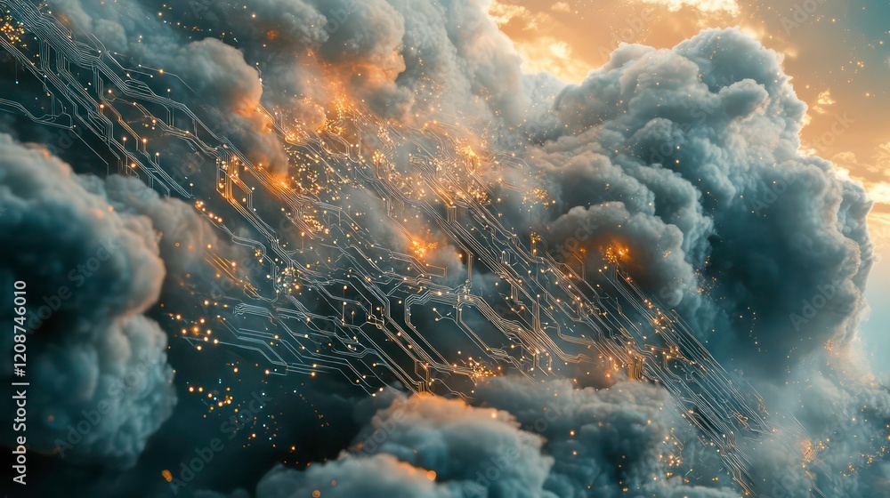 Poster a digitally rendered cloud with intricate circuits and nodes, symbolizing advanced technology and co