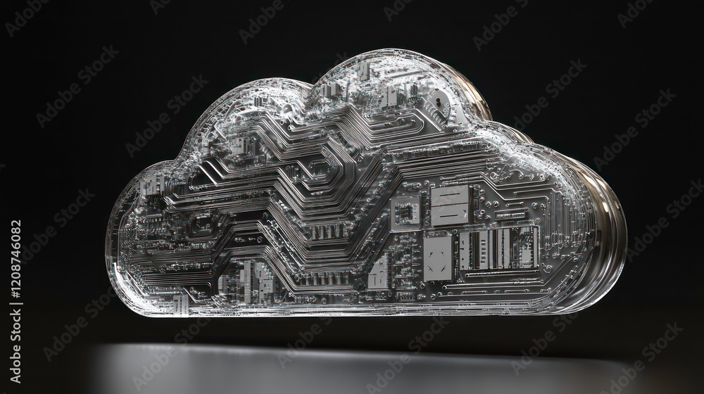 Poster a digitally rendered cloud with intricate circuits and nodes, symbolizing advanced technology and co