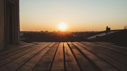 Fototapeta premium Rooftop sunset view with wooden deck.