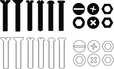 Nuts , screws, rivets, and bolts con set. Equipment stainless, fasteners, metal fixation gear black line and flat vector collection isolated on transparent background. Building tools construction sign
