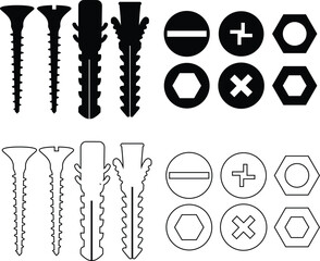Nuts , screws, rivets, and bolts con set. Equipment stainless, fasteners, metal fixation gear black line and flat vector collection isolated on transparent background. Building tools construction sign