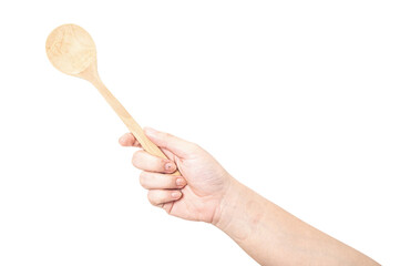Female hand holding a wooden spoon isolated on white background.
