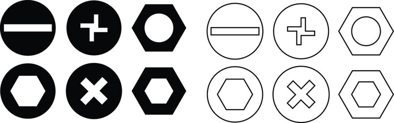 Nuts , screws, rivets, and bolts con set. Equipment stainless, fasteners, metal fixation gear black line and flat vector collection isolated on transparent background. Building tools construction sign