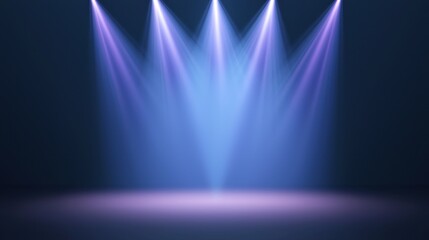 Soft Purple and Blue Stage Lights Illuminating Empty Space for Performance, Event, Concert or Show with Bright Light Beams on Dark Background