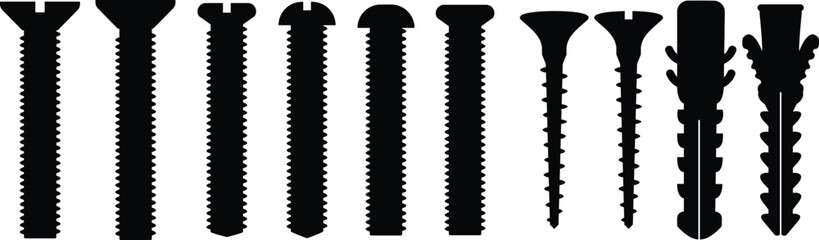 Nuts , screws, rivets, and bolts con set. Equipment stainless, fasteners, metal fixation gear black line and flat vector collection isolated on transparent background. Building tools construction sign