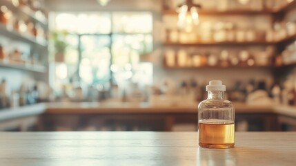Amber liquid in glass bottle on wood. Perfect for showcasing essential oils, or healthy drinks.