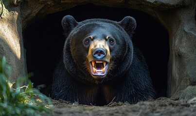 Black bear emerges, snarling, from cave.