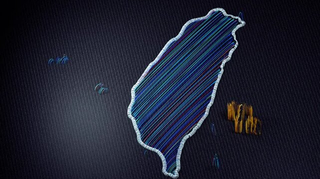 3D animation of an embroidered map of Taiwan. The colorful threads and fabric are shown from various perspectives, with motion effects highlighting the details and the word Taiwan.