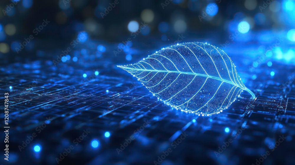 Poster a glowing holographic leaf appears on a computer screen with blue light and data particles, symboliz