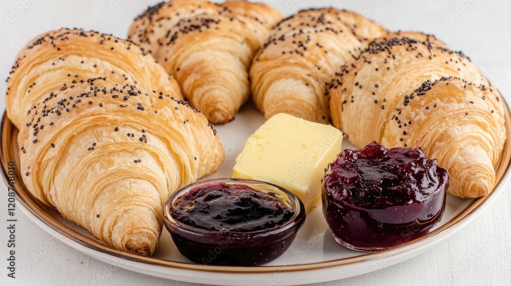 Poster croissants with butter and jam on a white background generative ai