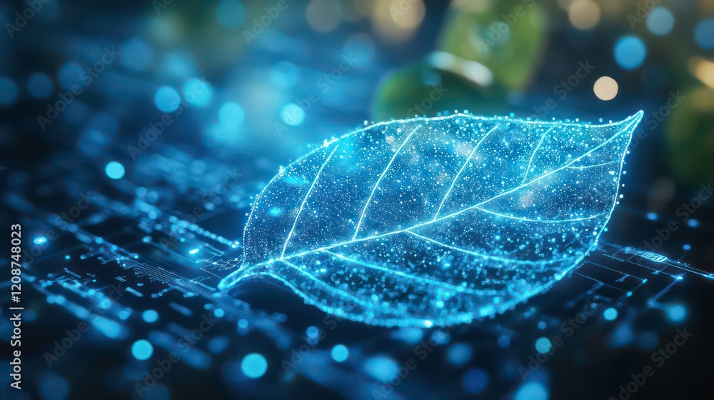 Poster a glowing holographic leaf appears on a computer screen with blue light and data particles, symboliz