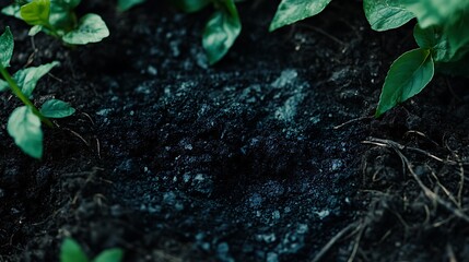 Dark organic biochar soil surrounded by green plant roots