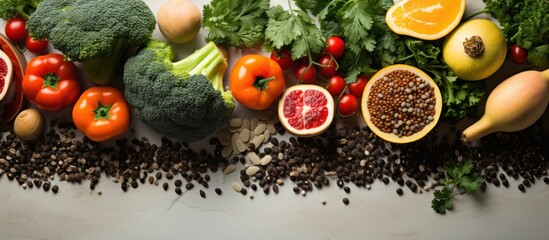 Composition with fresh organic vegetables and fruits on light background, panoramic shot