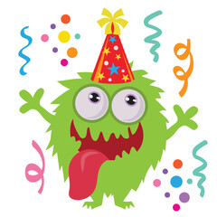 Funny birthday monster vector cartoon illustration
