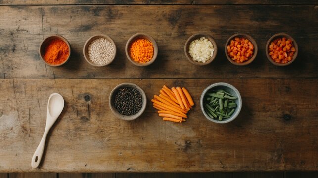 Assorted chopped vegetables and spices in bowls on wooden table.