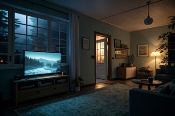 Tv on in home room night scene - generated by ai