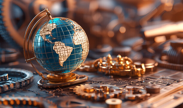 A vintage globe rests among intricate gears, symbolizing exploration, invention, and the interconnectedness of the world.