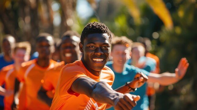 Exciting Moment of a Relay Race with Enthusiastic Runners Sharing Joy and Team Spirit Together!