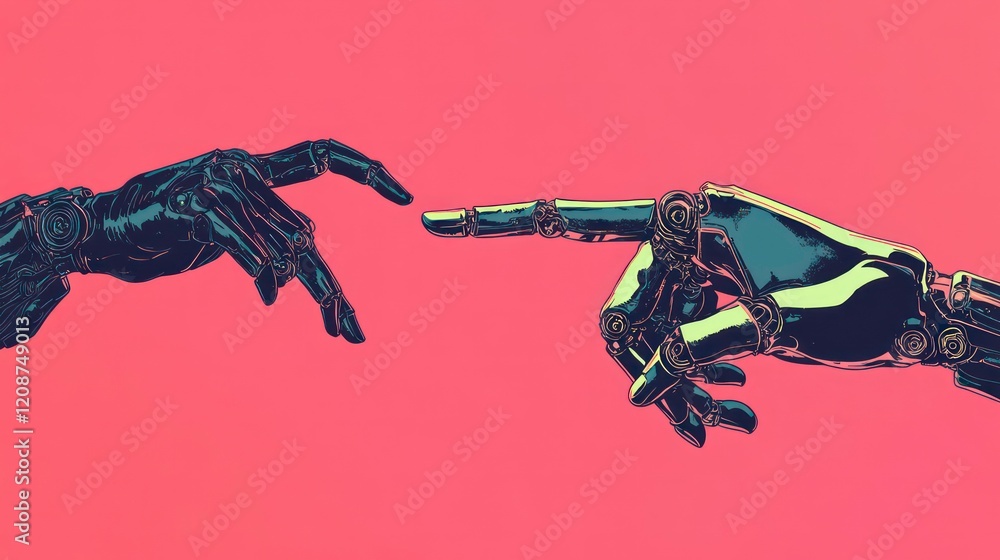 Poster a human hand is reaching or pointing towards an ai robot's finger, symbolizing the connection betwee