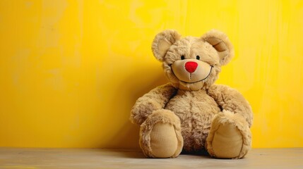 Fototapeta premium Big teddy bear sitting on a yellow background, AI generated image