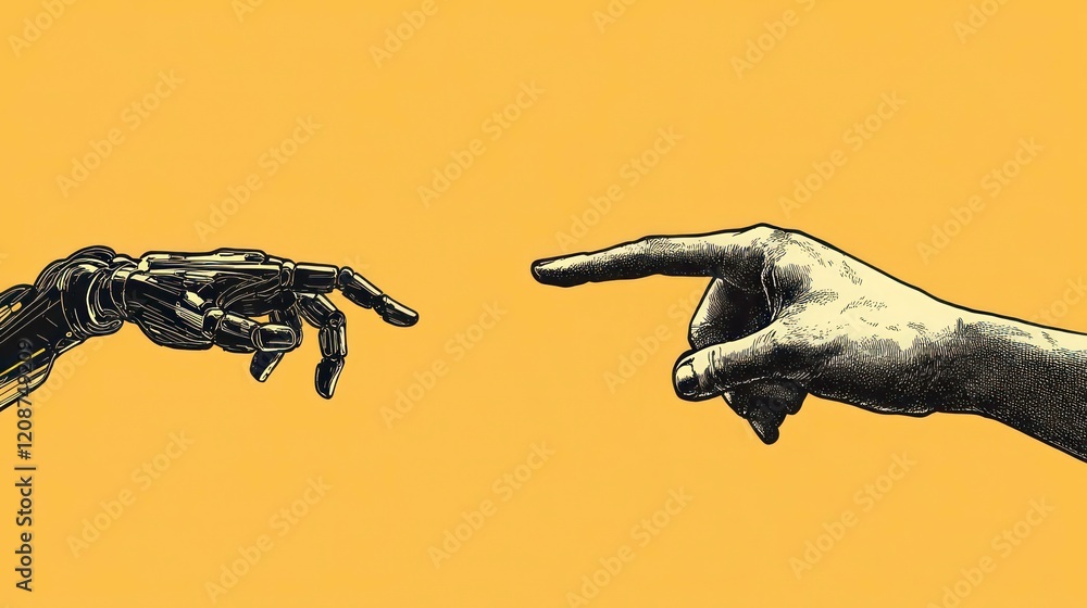 Poster a human hand is reaching or pointing towards an ai robot's finger, symbolizing the connection betwee