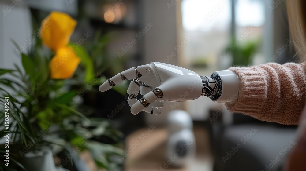 Poster a human hand is reaching or pointing towards an ai robot's finger, symbolizing the connection betwee