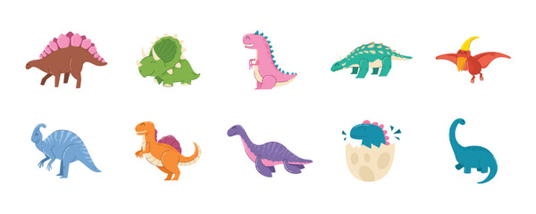 Cute Cartoon Dinosaurs With Varied Species, Children dinosaurs set. Collection of cute cartoon dinosaurs  © Budogol