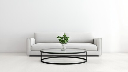 Modern Minimalist Living Room with Stylish Sofa and Glass Coffee Table Featuring Fresh Green Plant Decor in Bright and Airy Space