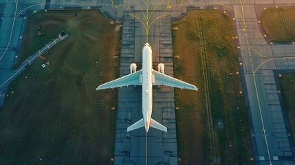 Aerial view of airport. Airplane taxiing to runway before take off.
