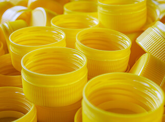 yellow plastic bottle caps.Recycling collection and production processing plastic bottle caps...