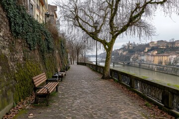 Serene Riverside Pathway with Empty Benches in Winter, Scenic View of River and Trees, Quiet Urban Landscape in a Calm Season, Perfect for Relaxation and Reflection