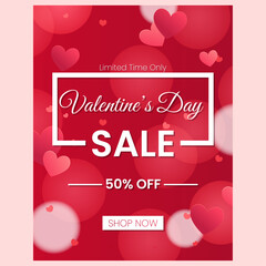 Valentine Day sale flat design papper style poster, banner, instagram post, advertising . with bokeh, heart, background.