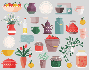 Various kitchen items including pots, jars, dishes, cutlery, and fresh produce. Ideal for illustrating kitchen decor, cooking themes, homely environment, culinary activities, and rustic charm. Soft
