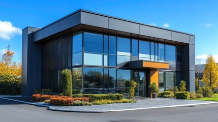 A modern small business office exterior with large windows.