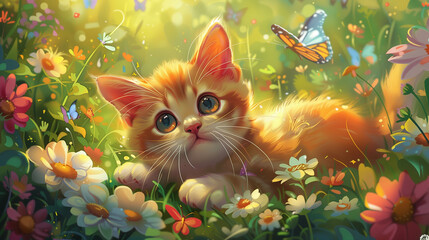 Fototapeta premium Cute orange kitten lying in a vibrant flower field with butterflies fluttering around