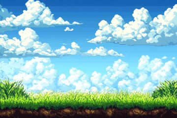 Pixel art of a sunny day, lush green grass, and fluffy white clouds in a vibrant blue sky. Ideal for game backgrounds, website headers, or any project needing a cheerful, pixelated nature scene.