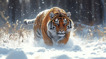 Obraz premium A tiger walks through a snowy scene
