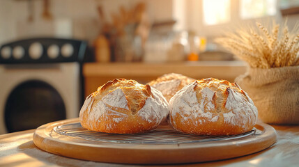 Freshly baked artisanal bread loaves cooling on rack with an oven, sack of flour and wheat stalks in the background bright minimalistic modern tone with blurred empty space for captions

